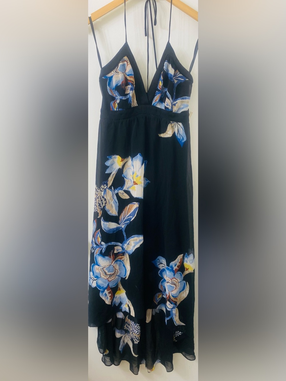 White House Black Market Black Blue Floral Chiffon Halter Dress